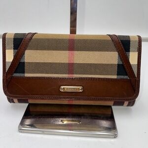 Burberry London Checkbook Wallet Canvas Leather Trim Brown Authentic Made Italy